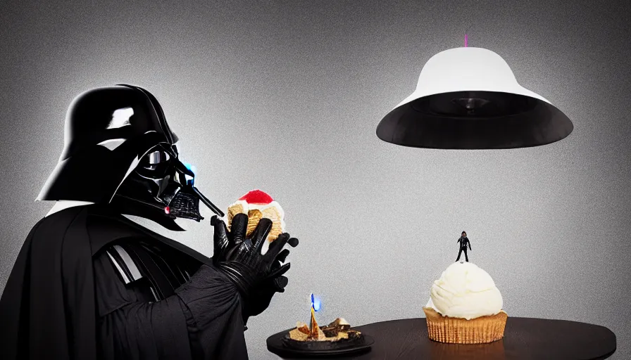 Image similar to darth vader with a birthday - hat eats icecream, photorealistic rendering, hyperdetailed, octane, redshift, atmospheric lighting, cinematic composition, wallpaper