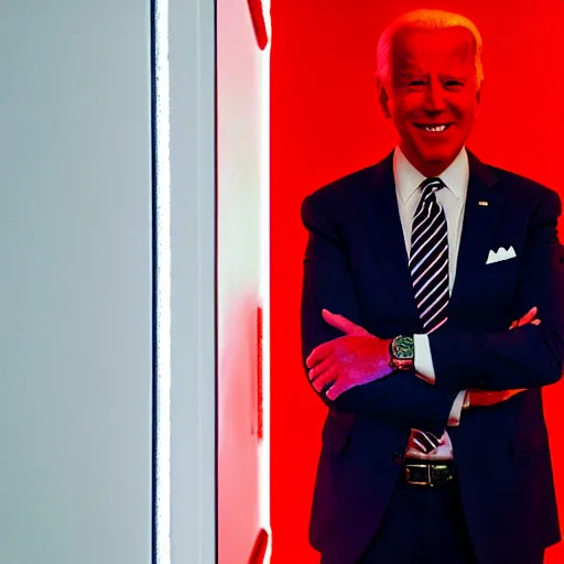 Image similar to Joe Biden standing in a room engulfed in red light, cinematic, bloom, breathtaking, illustration