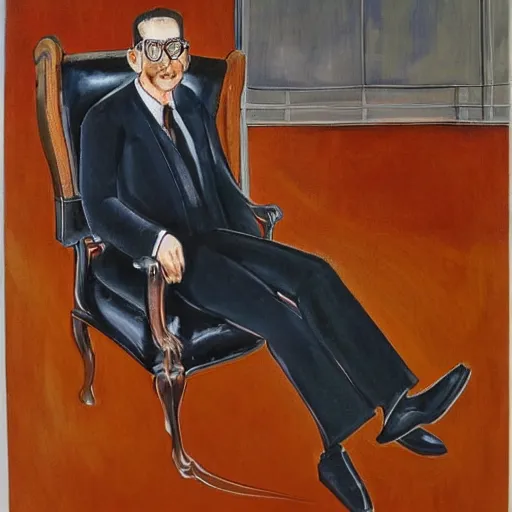 Prompt: a rich business man sitting in a big chair with a smirk, futuristic, by francisco pradilla y ortiz