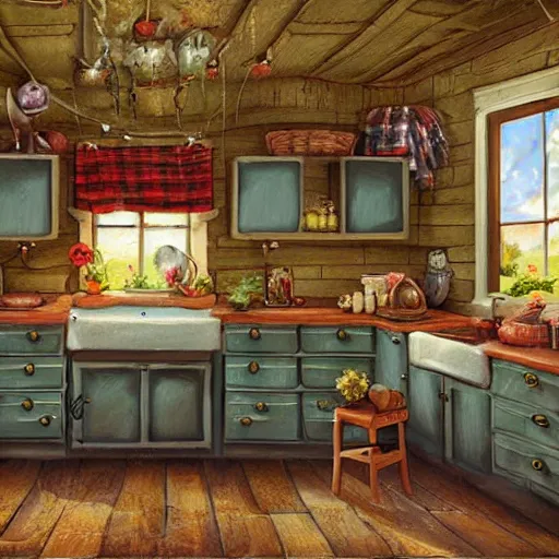 Prompt: a cute country bunny's cottagecore style kitchen, fantasy illustration, detailed painting, and deep color, professional matte painting