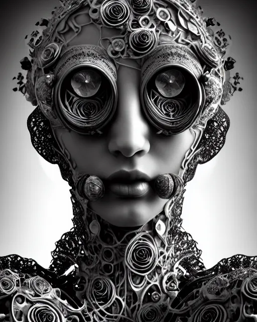 Image similar to mythical dreamy black and white organic bio - mechanical spinal ribbed profile face portrait detail of translucent steampunk beautiful female angelic - human - queen - vegetal - cyborg, highly detailed, intricate crystal ivy jelly ornate, poetic, translucent roses ornate, 3 d render, digital art, octane render, 8 k artistic photography, photo - realistic, by dora maar