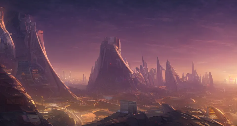 Prompt: view on futuristic city in the horizon, illustration by noah bradley, detailed, sharp, 8 k