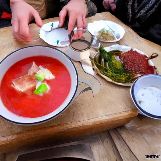 Image similar to Dragon from Skyrim eating russian borsch soup on the Red Square,