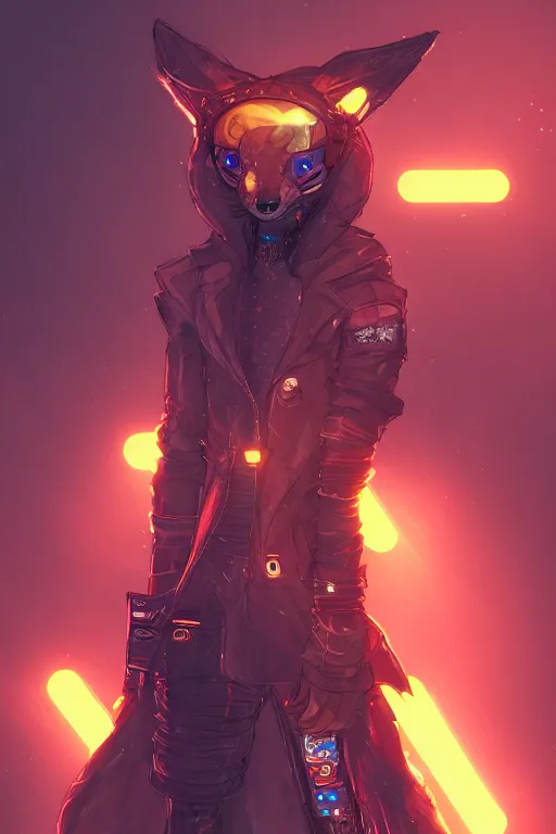 Image similar to an anthropomorphic cyberpunk fox, backlighting, trending on artstation, digital art, furry art, trending on furaffinity, fantasy art, by kawacy