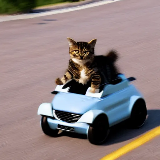 Prompt: photo of a cat driving a tiny car at very high speed, motion blur