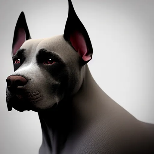 Image similar to photo of a skinny dark gray coat pit bull with a white paws and a white nose! painting, beautiful eyes!, pretty face!!, trending on artstation symmetry, concept art, sharp focus, illustration, art by! ilya kuvshinov!!, octane render