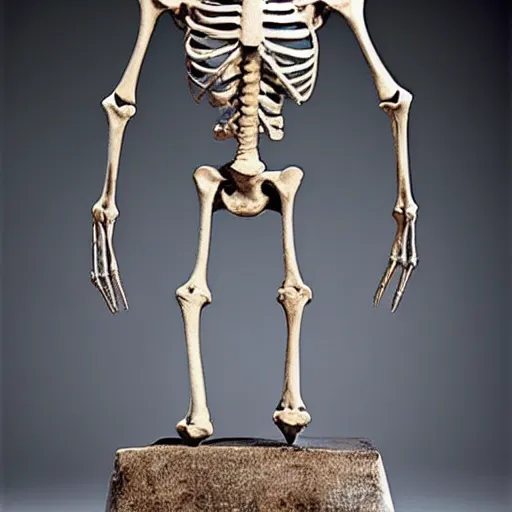 Prompt: an ancient skeleton standing on a weight, shocked to see the result