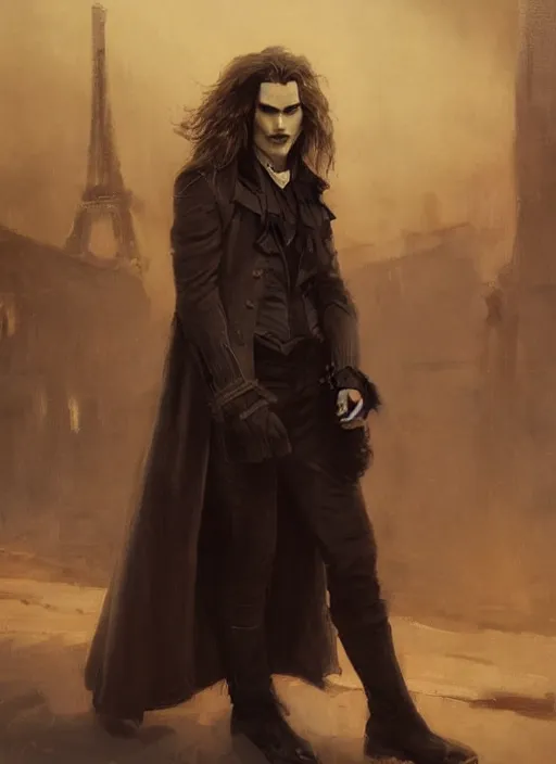 Image similar to portrait painting of the vampire lestat in paris, muscular male, long hair! long coat, elegant rugged handsome unreal render cinematic lighting art 1 8 9 0 period drama by bussiere rutkowski andreas rocha