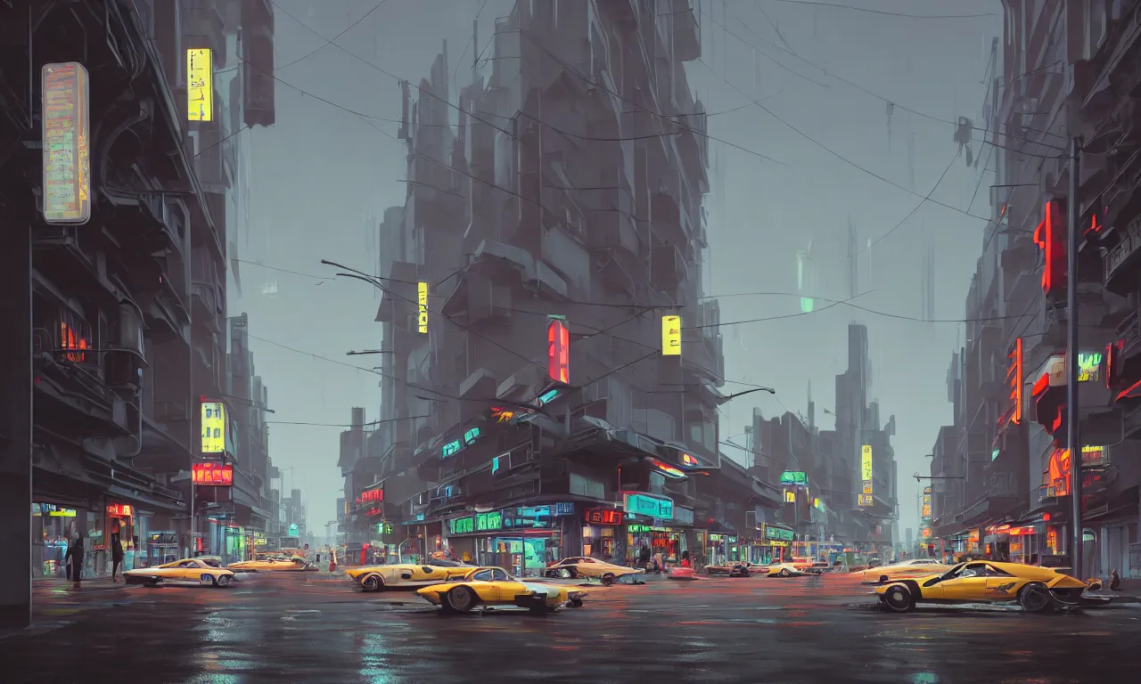 Prompt: photorealistic streetscape, simple brutalist architecture, metal, concrete, wet streets, white neon lights, colorful neon signs, flying vehicles, pedestrians, syd mead, ralph mcquarrie, doug chiang, concept art, matte painting, finely detailed, minimal artifacts, rule of thirds, dynamic lighting, cinematic, denoised, centered, artstation