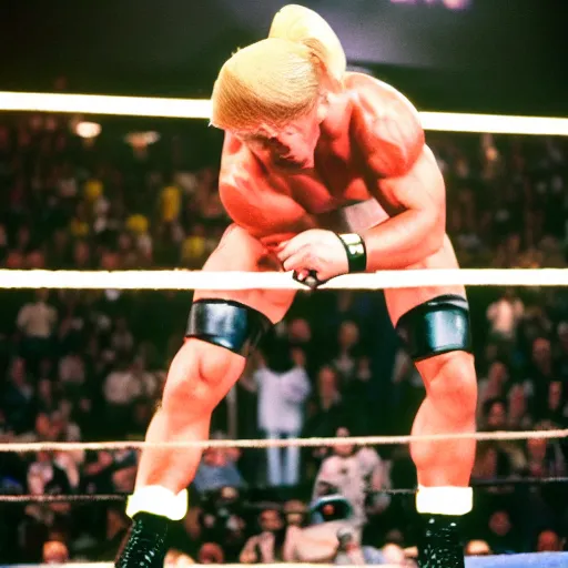 Image similar to muscular donald trump fighting in the wwe arena as a professional wrestler, 85mm pentax k1000, f 1/3, award winning photography