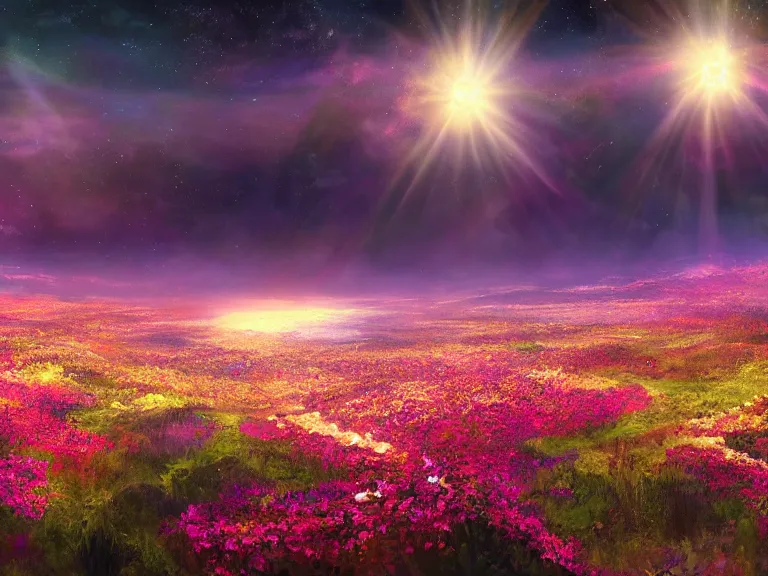 Image similar to a fine painting of a glorious place where the heavens open to the great cosmos, where flowers are launched into the unknown 8 k, ultra realistic, lens flare, atmosphere, glow, detailed, intricate, full of colour, cinematic lighting, trending on artstation, 4 k, hyperrealistic, focused, extreme details, unreal engine 5, cinematic, masterpiece