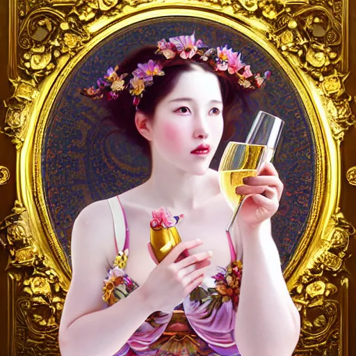 Image similar to a masterpiece ultrarealistic ultradetailed portrait of beautiful girl in bunny costume sprinkling champagne baroque renaissance. medium shot, intricate, elegant, by stanley artgerm lau, wlop, alphonse mucha, rossdraws, andrei riabovitchev, yoshitaka amano. flower background my james jeand and takashi murakami.