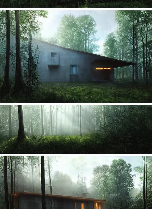 Image similar to hyper realistic witchy modern house with mood lighting and tech in the woods gorgeous lighting, sunbeams blue sky, highly detailed, lush forest foliage painting by zdzisław beksinski and norman rockwell and greg rutkowski weta studio, and lucasfilm