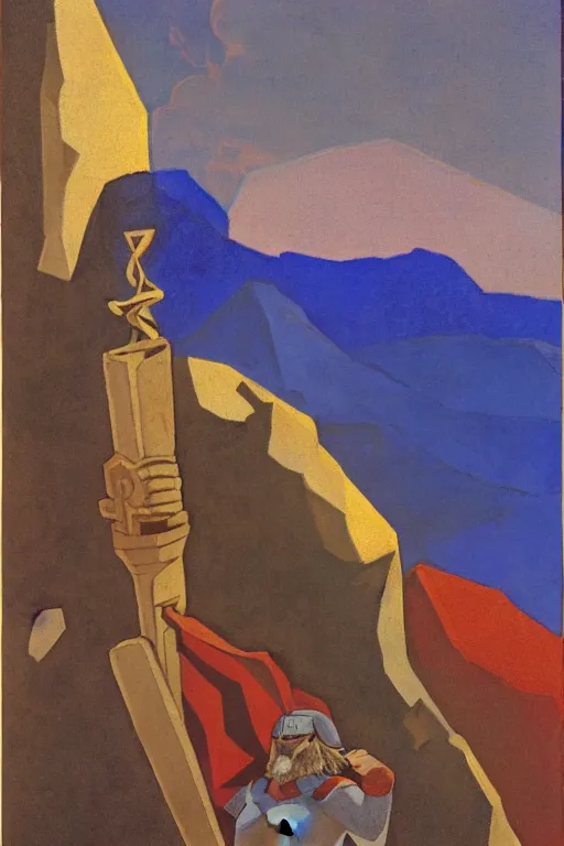 Image similar to thor holding the hammer, stay on mountain, marvel, artwork by nicholas roerich,