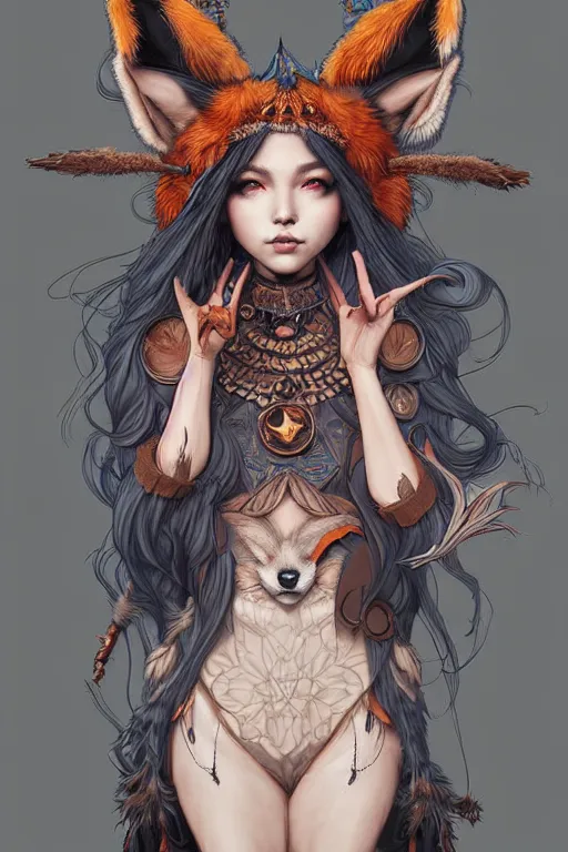 Image similar to digital art, centered full body of an Witch girl with fox headdress ,intricate, by James Jean and by artgerm , by ross tran, ultradetailed, charachter design, concept art, trending on artstation,