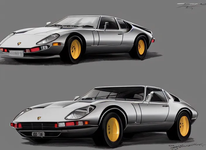 Image similar to a blending, amalgamation and detailed combination of a lamborghini countach, datsun 2 6 0 z and a jaguar e - type, concept art, round headlights, 8 k, highly detailed, trending on art station