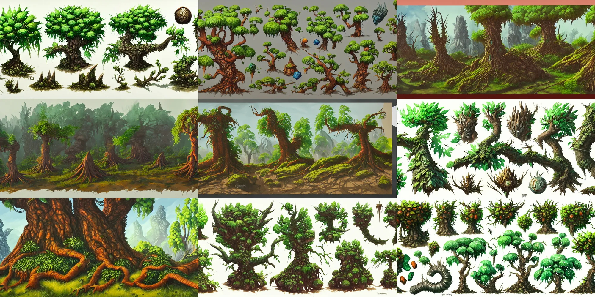 Prompt: game asset of plant and tree, props, in gouache detailed paintings, fantasy, dnd, acid