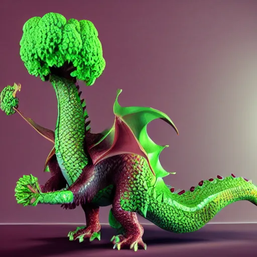 Prompt: a!! dragon with!! broccoli!! scales, realistic, volumetric lighting