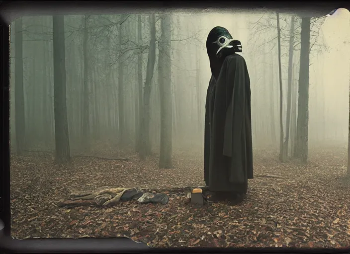 Prompt: medium shot, a plague doctor, woods, horror, polaroid photo, vintage, neutral colors, by gregory crewdson,