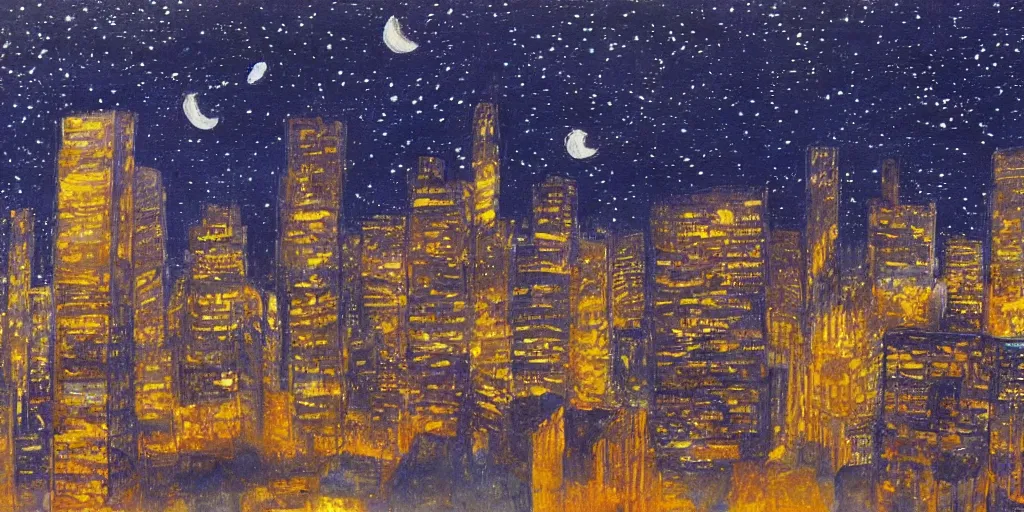 Image similar to stary night painting, norman foster tower, house, city