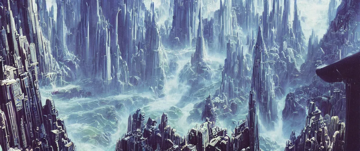 Image similar to A beautiful illustration of a futuristic city built across a world of waterfalls by Robert McCall and Ralph McQuarrie | sparth:.2 | Time white:.2 | Rodney Matthews:.2 | Graphic Novel, Visual Novel, Colored Pencil, Comic Book:.6 | unreal engine:.3 | | viewed from above | establishing shot:.7