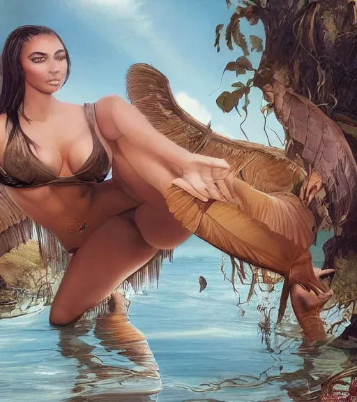 Image similar to professional photo of kim kardashian wearing a hooters outfit, posed by a lake, intricate, elegant, highly detailed, cinematic, instagram, sleek, smooth, sharp focus, illustration, by artgerm and greg rutkowski and alphonse mucha