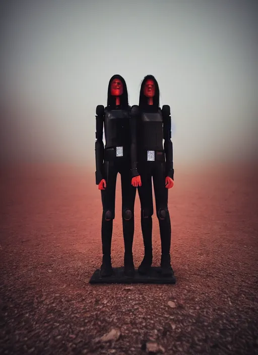 Prompt: cinestill 5 0 d photographic portrait of two loving female androids wearing rugged black techwear on a desolate plain with a brutalist monument and a red sky, extreme closeup, cyberpunk style, dust storm, 8 k, hd, high resolution, 3 5 mm, f / 3 2, ultra realistic faces, ex machina