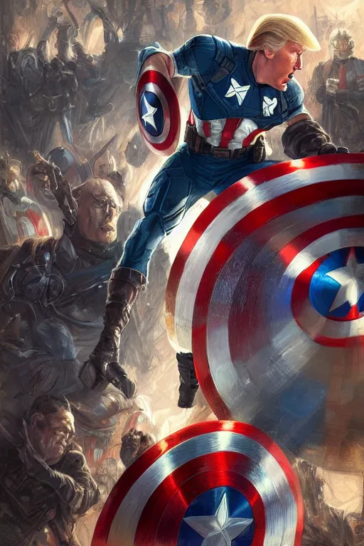 Image similar to a distant cinematic shot of Donald Trump as Captain America, D&D, fantasy, intricate, elegant, highly detailed, digital painting, artstation, concept art, matte, smooth, sharp focus, illustration, art by Artgerm and Greg Rutkowski and Alphonse Mucha, oil painting, 8k, hyper realistic