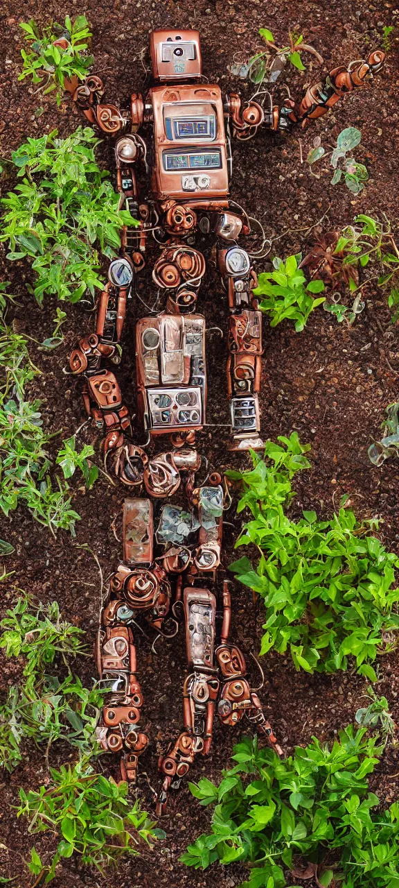 Image similar to award winning photo of modern robot body rusty and filled with plants, stunning, 4 k, detailed, top - down, realistic