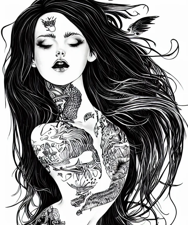 Image similar to black and white illustration, creative design, dark fantasy, tattoo design, beautiful mermaid, full body, swimming in ocean, fish tail bikini top flowing hair