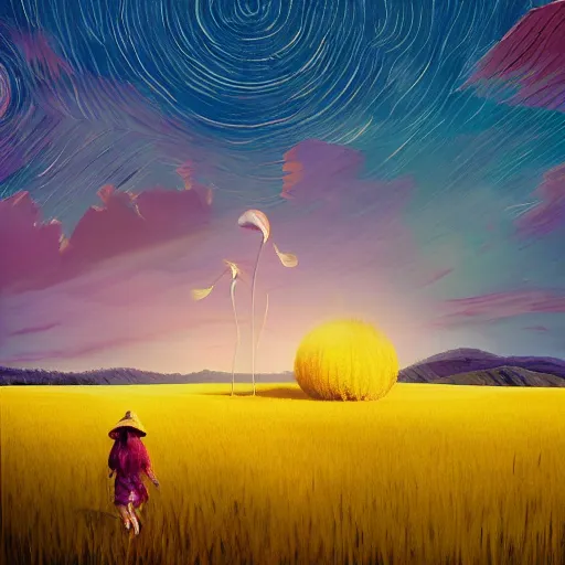 Prompt: giant flower as a head, girl walking in wheat field, hills, surreal photography, dark night, star trails, dramatic light, impressionist painting, clouds, digital painting, artstation, simon stalenhag