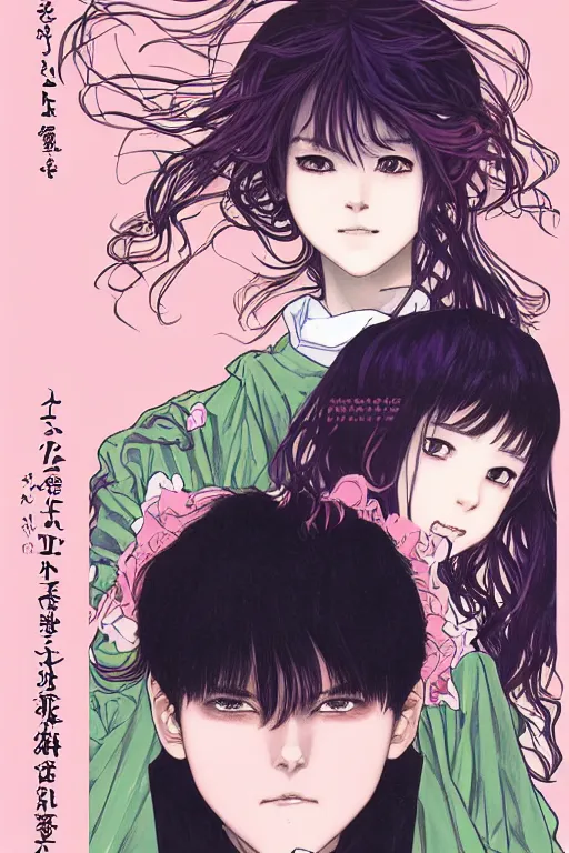 Image similar to professionally drawn shoujo mature horror mystery romance manga comic cover, beautifully drawn museum portrait coherent professional, drawn by ilya kuvshinov, gustav klimt, alphonse mucha and tsutomu nihei. text kanji hiragana on the cover. simplistic minimalist stylized cover art. pink & green & blue full color.