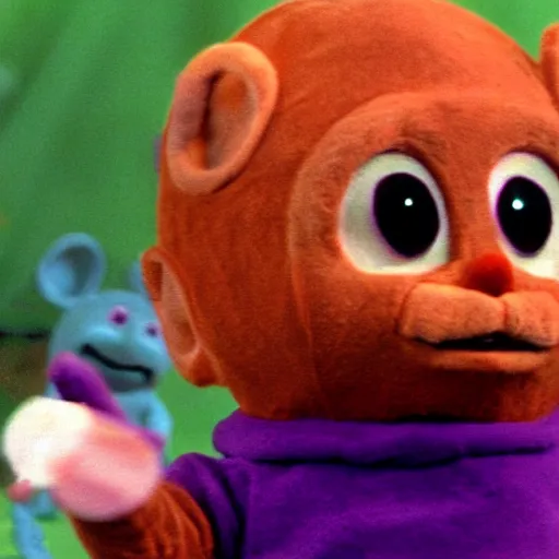 Prompt: tinky winky eating alive insects, horror, creepy, teletubbies lost creepy spooky bloody episode, realistic,