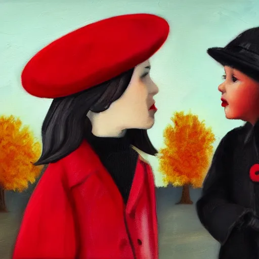 Prompt: A thin man in a black coat and bowler hat talks with small young girl dressed in a red coat and a red hat, park, autumn, Berlin, oil painting style, wide angle, high detail, width 768