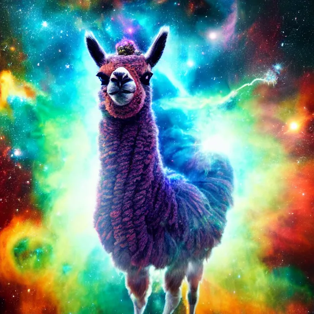 Image similar to llama with dreadlocks, depicted as an explosion of a nebula, 4 k, hyperrealistic painting