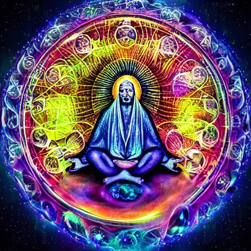 Image similar to god sitting in the center of the multi dimensional latent space conceptualizing our collectively designed divine imaginations, style of visionary art