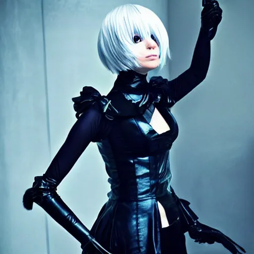 Prompt: Hideo Kojima cosplaying as 2B from Nier, photograph, selfie