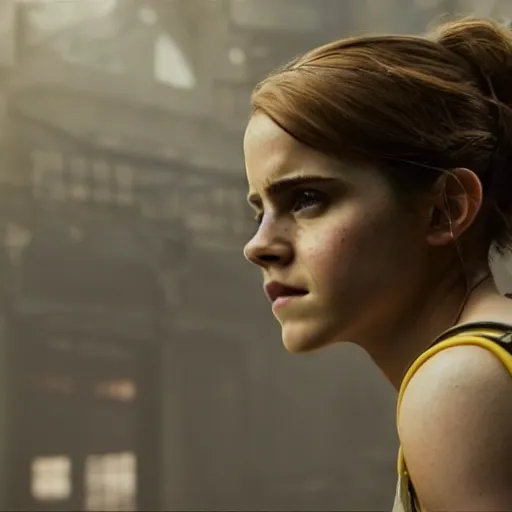 Image similar to emma watson as pikachu in gears of war, movie still, cinematic lighting, dramatic, octane render, long lens, shallow depth of field, bokeh, anamorphic lens flare, 8 k, hyper detailed, 3 5 mm film grain