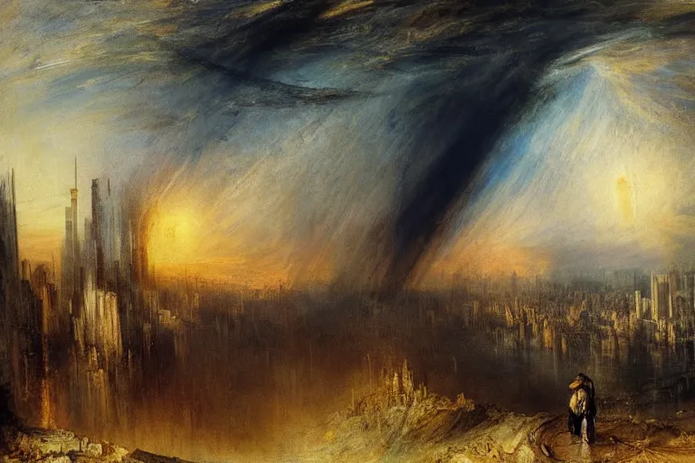 Image similar to cyberpunk post-apocalyptic city landscape with hooded figure painted by William Turner 1860