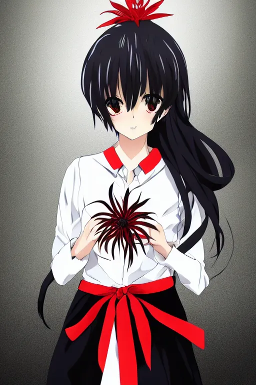 Image similar to Key anime visual of a beautiful girl with black hair and red eyes holding a spider lily; wearing white blouse with black tie; trending on Pixiv; digital art