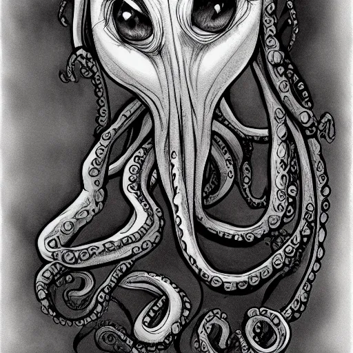 Prompt: a cartoon character of a human - octopus, character - portrait, ursula the sea witch, deviantart, sots art, lovecraftian, grotesque, creepypasta, by glen keane, disney