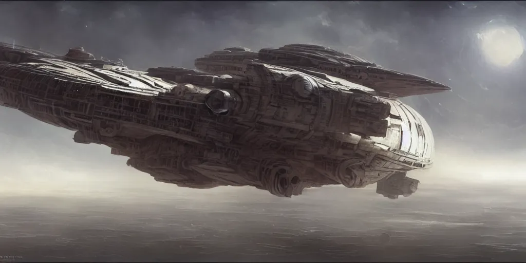 Image similar to a highly detailed epic cinematic concept art CG render digital painting artwork: symmetrical Soviet dieselpunk Millenium Falcon in empty space. By Greg Rutkowski, Ilya Kuvshinov, WLOP, Stanley Artgerm Lau, Ruan Jia and Fenghua Zhong, trending on ArtStation, subtle muted cinematic colors, made in Maya, Blender and Photoshop, octane render, excellent composition, cinematic atmosphere, dynamic dramatic cinematic lighting, precise correct anatomy, aesthetic, very inspirational, arthouse