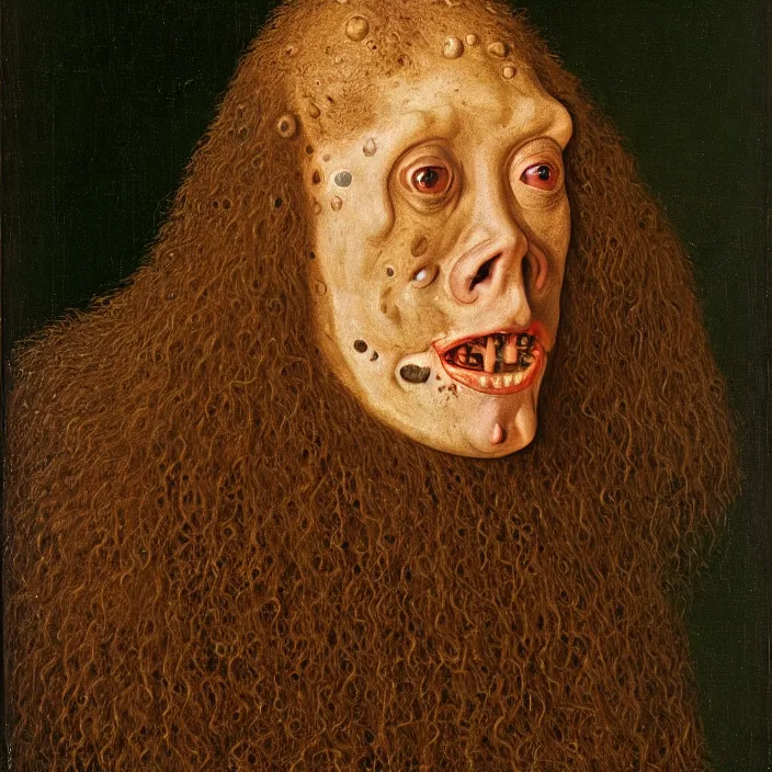 Prompt: close up portrait of a mutant monster creature with cheeks covered in purulent pustules, pimples at different stages, some fresh, some bursting with a whitish fluid ; pleasant, flirty eyes ; teeth lining up the exterior of the mandible, long hair growing out of the nostrils. jan van eyck, audubon