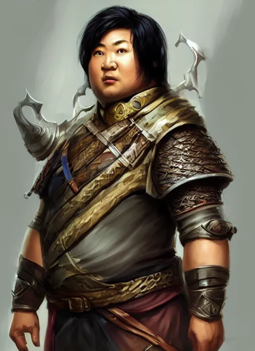 Image similar to slightly chubby asian man with medium black parted hair, dndbeyond, bright, colourful, realistic, dnd character portrait, full body, pathfinder, pinterest, art by ralph horsley, dnd, rpg, lotr game design fanart by concept art, behance hd, artstation, deviantart, hdr render in unreal engine 5