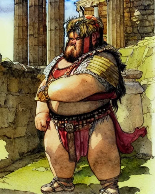 Prompt: a realistic and atmospheric watercolour fantasy character concept art portrait of a fat adorable chibi shih tzu roman centurion in a roman temple, by rebecca guay, michael kaluta, charles vess and jean moebius giraud