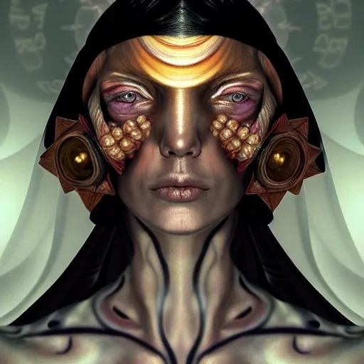 Image similar to Colour Caravaggio style Photography of Beautiful woman with highly detailed 1000 years old face wearing higly detailed sci-fi halo designed by Josan Gonzalez Many details. . In style of Josan Gonzalez and Mike Winkelmann andgreg rutkowski and alphonse muchaand Caspar David Friedrich and Stephen Hickman and James Gurney and Hiromasa Ogura. Rendered in Blender, volumetric natural light