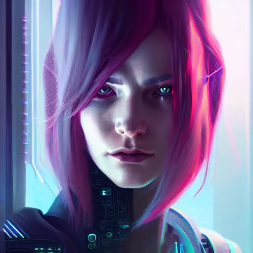 Prompt: portrait of cyberpunk woman looking out of a window, cyberpunk setting, futuristic, highly detailed, intricate lighting, digital painting, sharp focus, illustration, trending on artstation, art by charlie bowater.