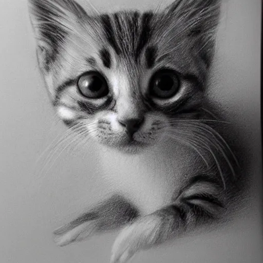 Prompt: a pencil drawing of a kitten, by paul cadden