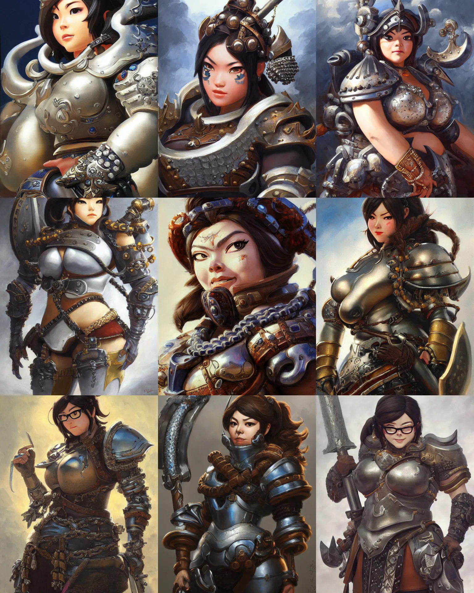 Prompt: detailed portrait of mei from overwatch as a robust medieval warrior wearing iron chainmail, intricate, hyper detailed, realistic, oil painting, by boris vallejo, frank frazetta, cinematic lighting