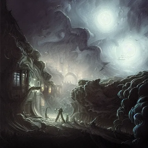 Image similar to Detailed Exterior Shot of Stormy Nightmare Evil Stormy!!! Rundetårn, light of hell, moonlight shafts, flock of birds, moody grim atmosphere, in Style of Peter Mohrbacher, cinematic lighting